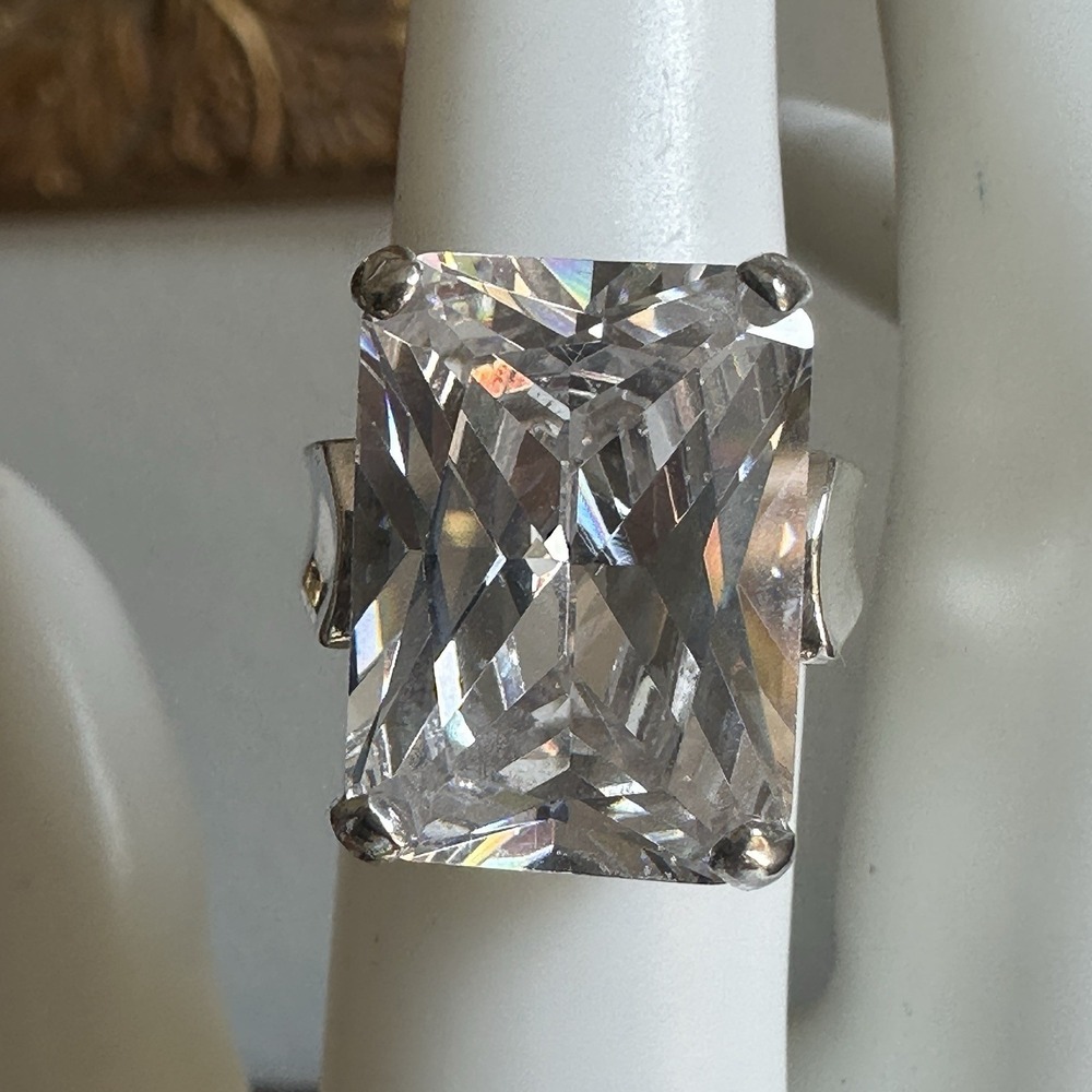 VTG Statement Ring Size 5.75 Emerald Cut Lab Clear CZ 925 Sterling 10.5g